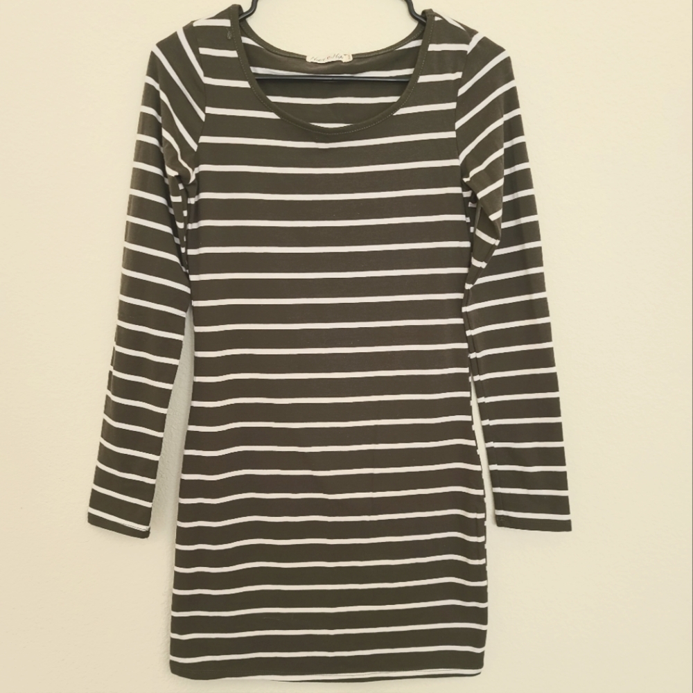 Heart Hips Olive Green Striped Long Sleeve Bodycon Dress Size M
